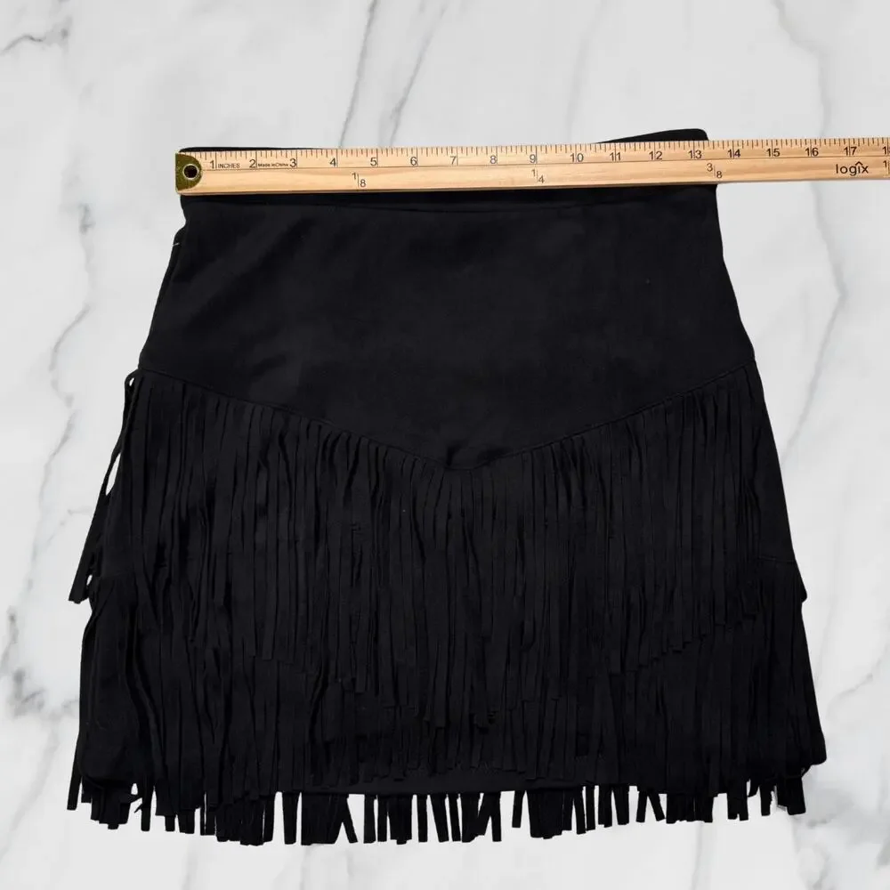 Altar'd State Black Faux Suede Tiered Fringe Western Mini Skirt Size Small